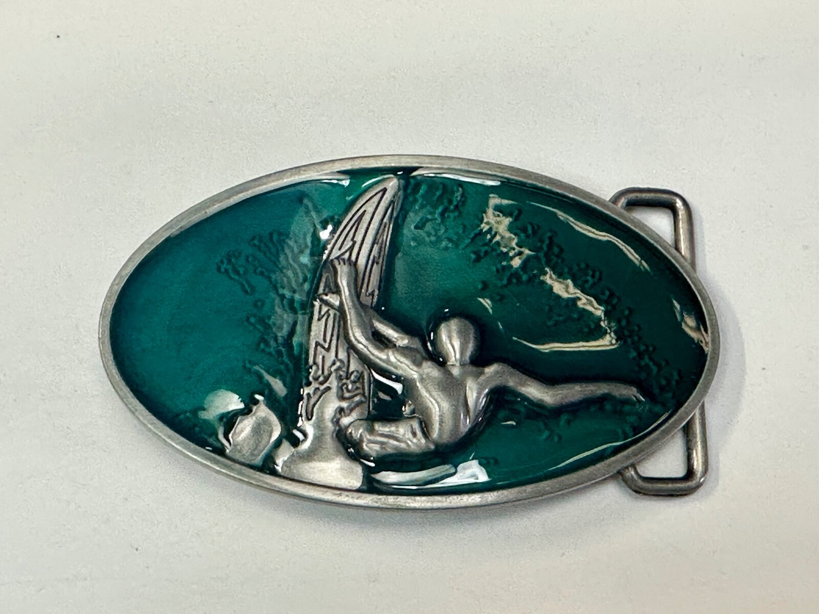 Surfer Riding A Wave Hang 10 Oval Aqua Ocean Sea Blue Color Belt Buckle