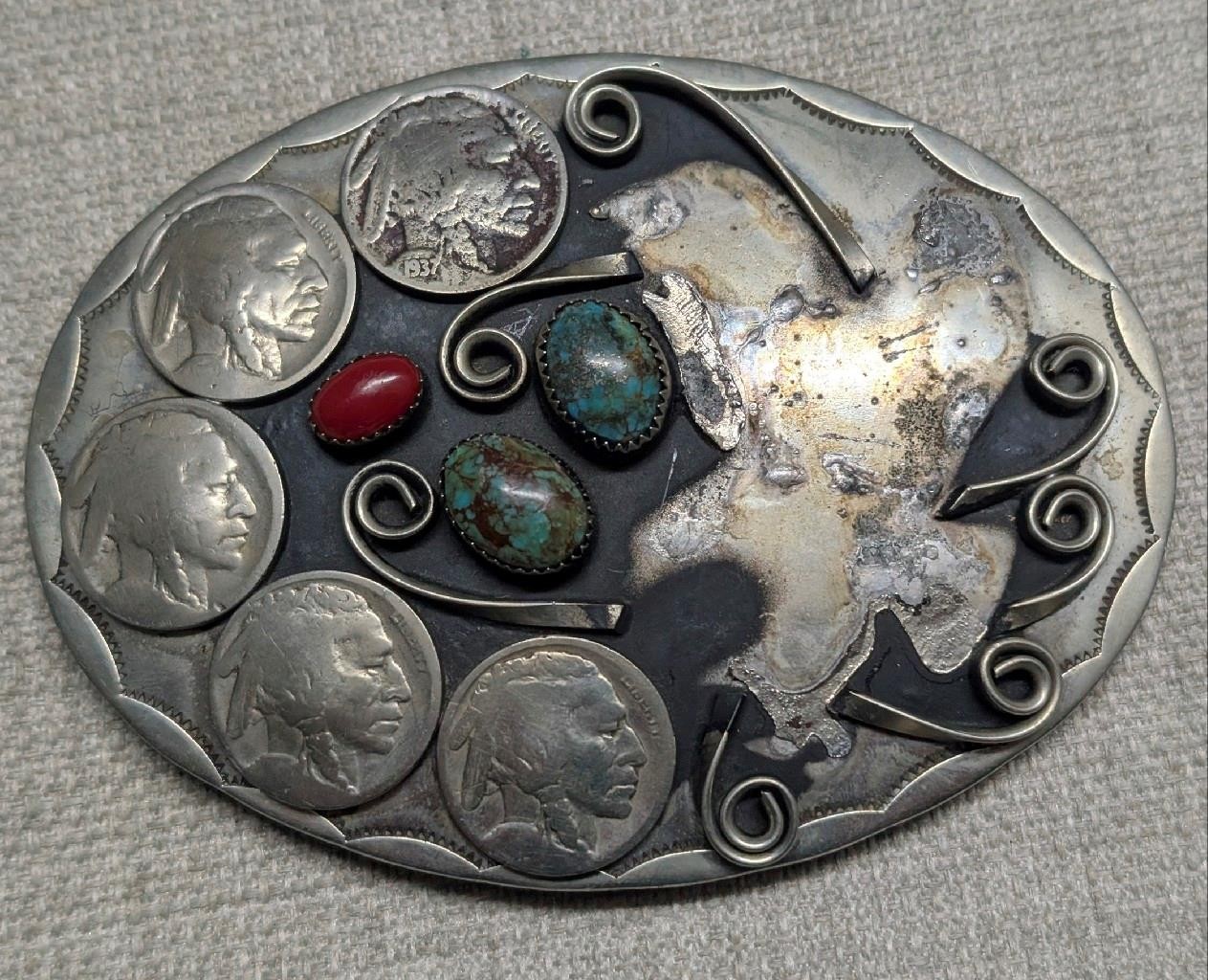 vintage HANDCRAFTED belt buckle INDIAN HEAD native american TURQUOISE nickel