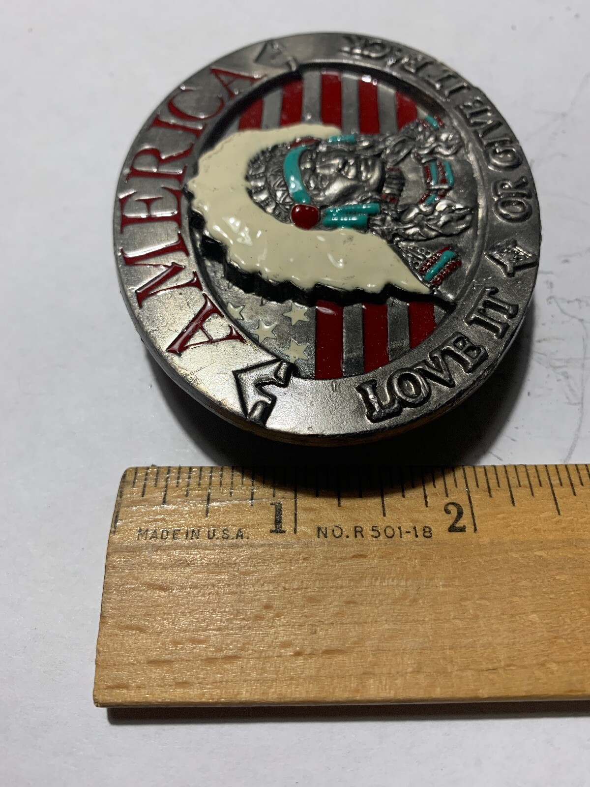 Pewter Belt Buckle Patriotic America Love It or Give it Back NEW sky blue stripe