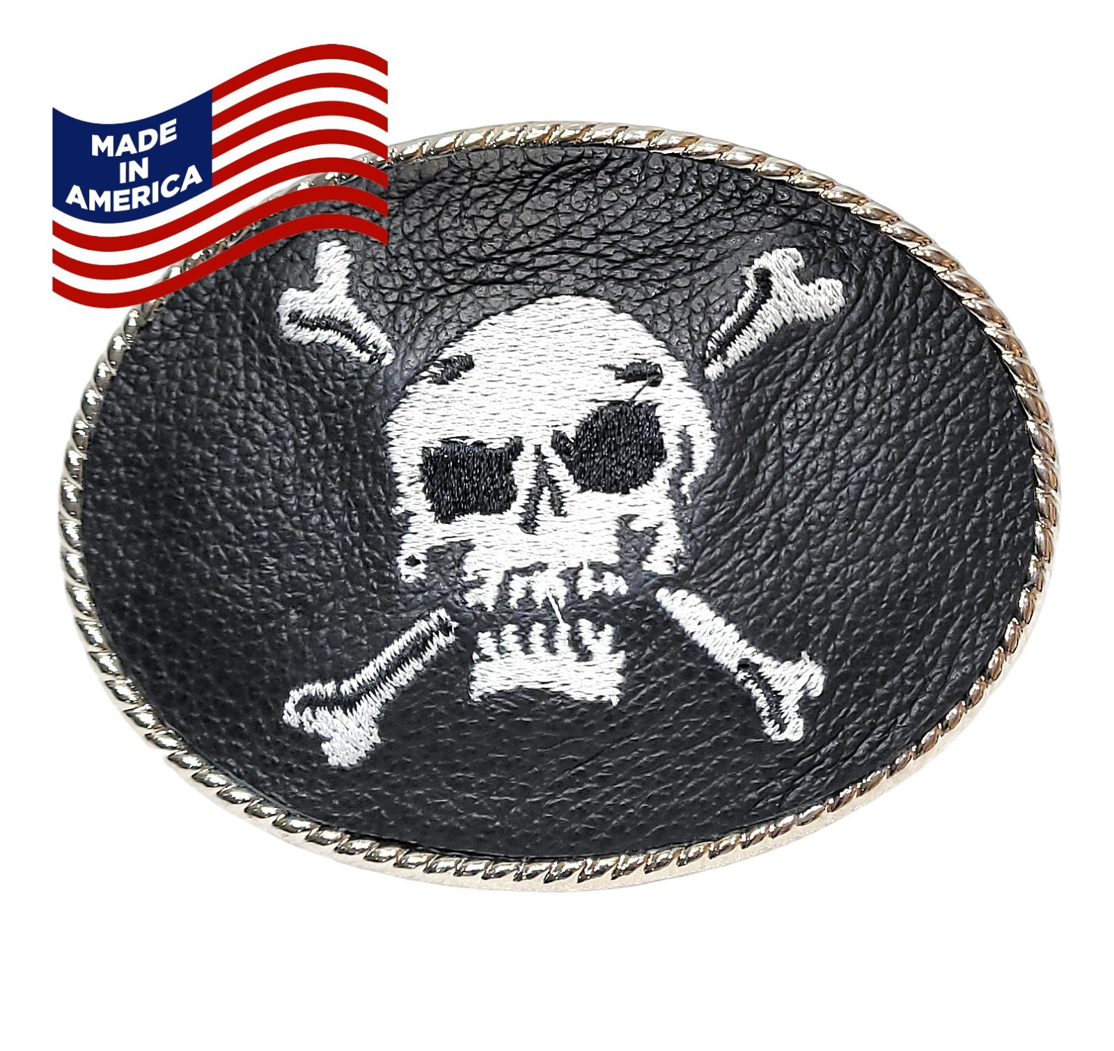 Mens LEATHER Belt Buckle Skull and Crossbones Biker Trucker 1.5&Prime; Made in USA NEW