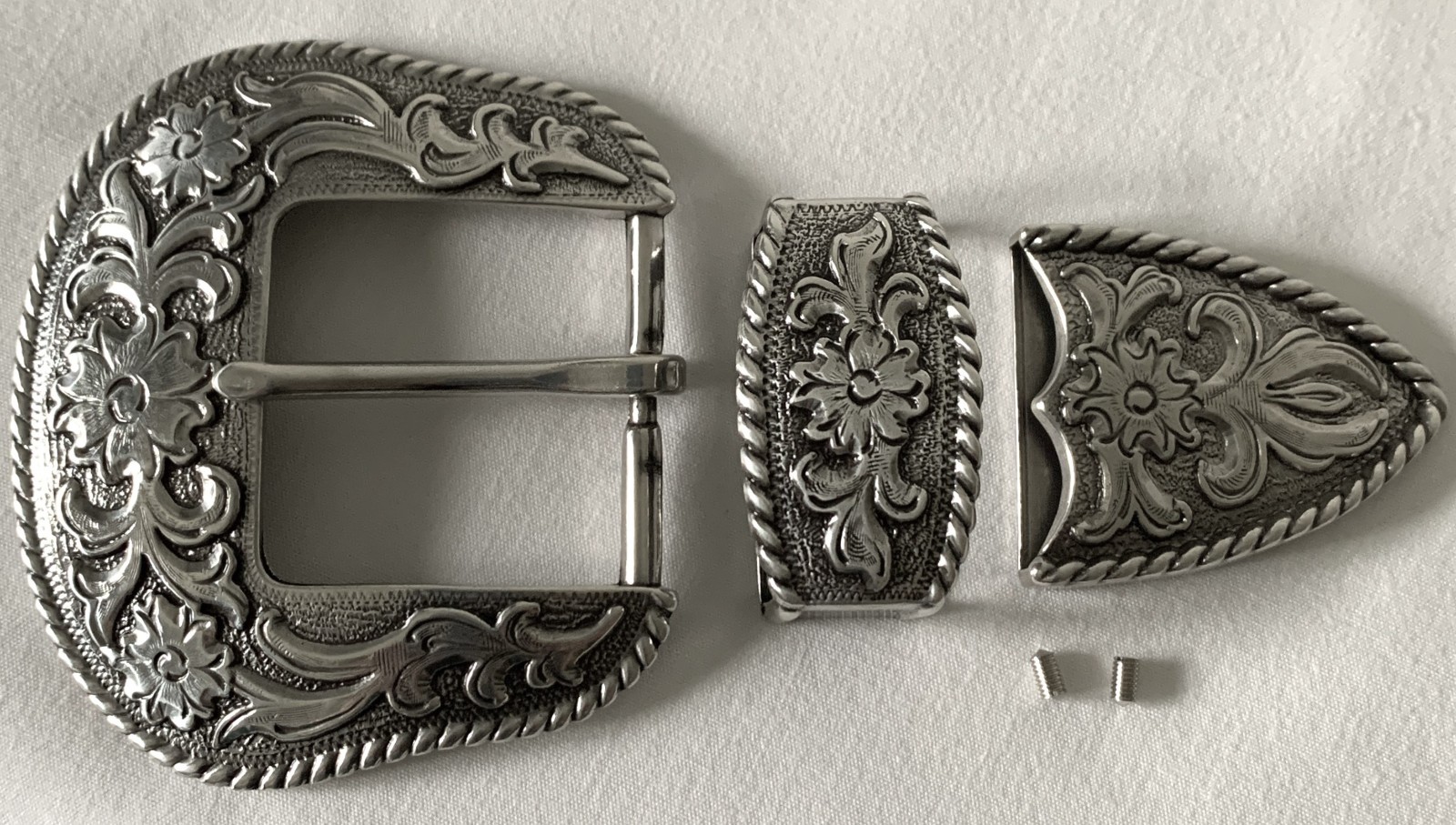 BELT BUCKLES 3pc Buckle Set 1.5 inch Western Floral Scroll Rope Edge Silver NWOT