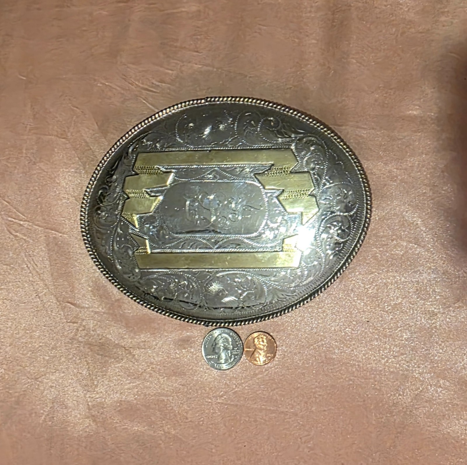 Vintage Metal Belt Buckle, Silver and Brass, Really Big Extra Large Size, Nice