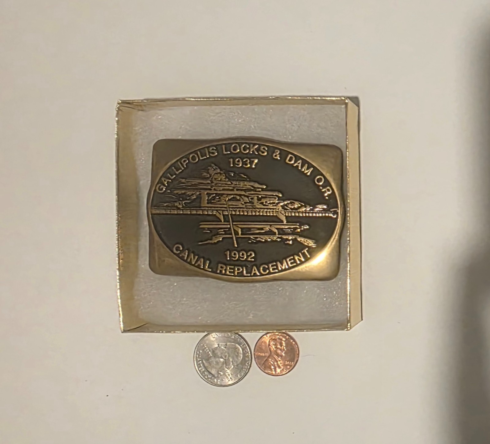 Vintage 1992 Metal Belt Buckle, Solid Brass, Gallipolis Locks & Dam, Canal