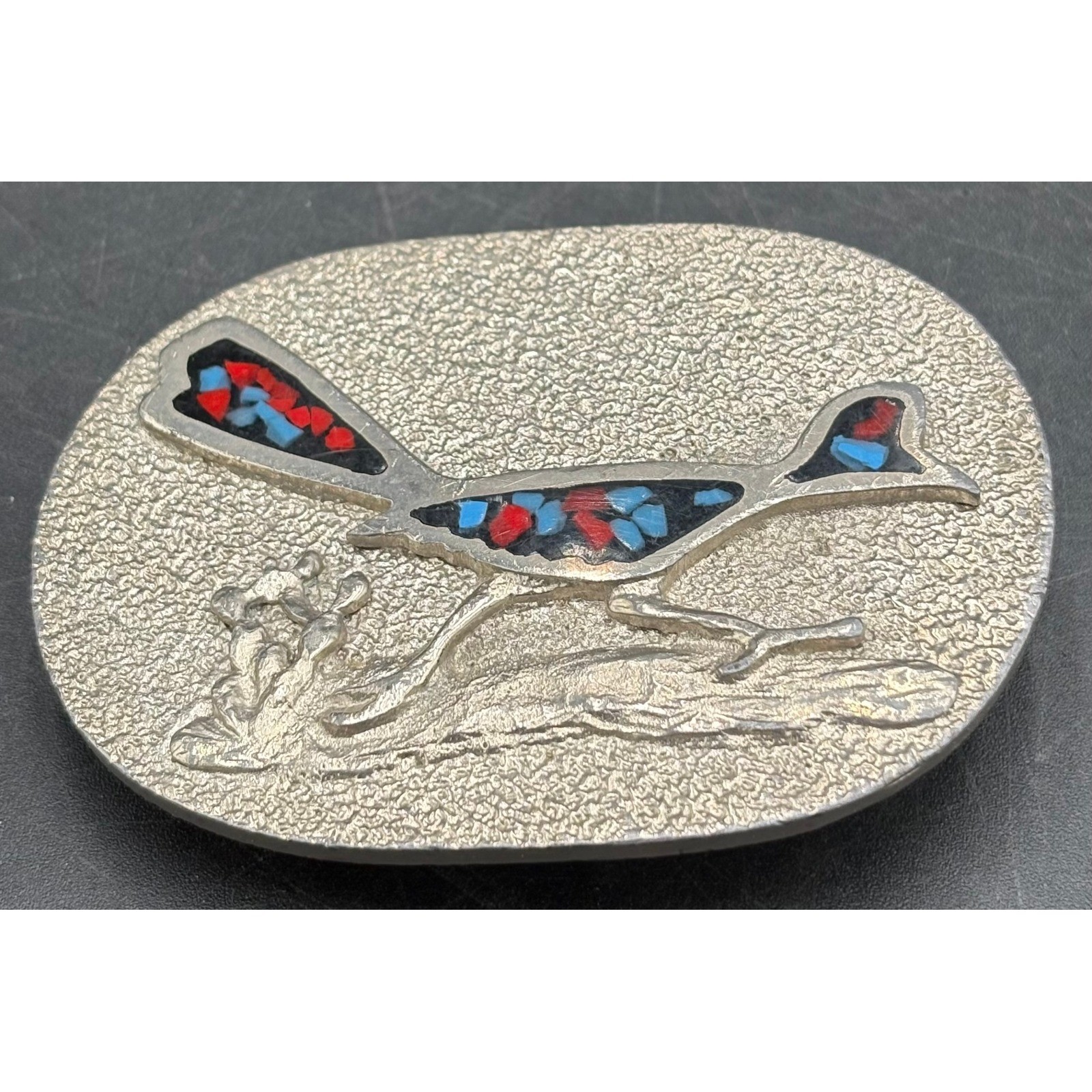 Vtg Siskiyou 1979 Roadrunner Belt Buckle BB787 Red Blue Chip Inlay Silver Tone