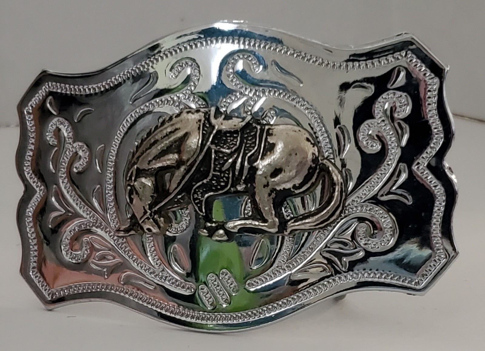 Vintage Chrome Belt Buckle with Applied Bronze Bucking Bronco Horse Clean READ
