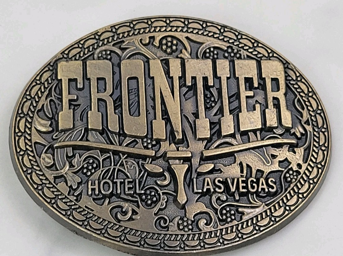 Frontier Las Vegas Hotel Casino Belt Buckle Brass Oval 3.25”x2.5” Longhorn