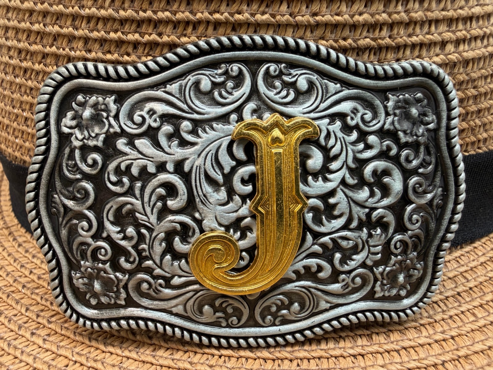 Antiqued Silver Gold Initial J Rectangle Western Cowboy Floral Vine Belt Buckle