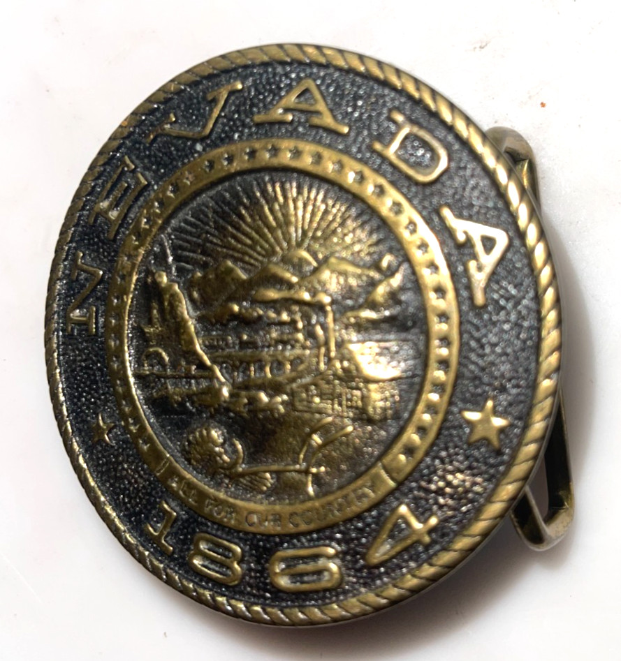 Nevada Vintage Brass Belt Buckle 1864 « All For Our Country » Bank of Nevada Issue