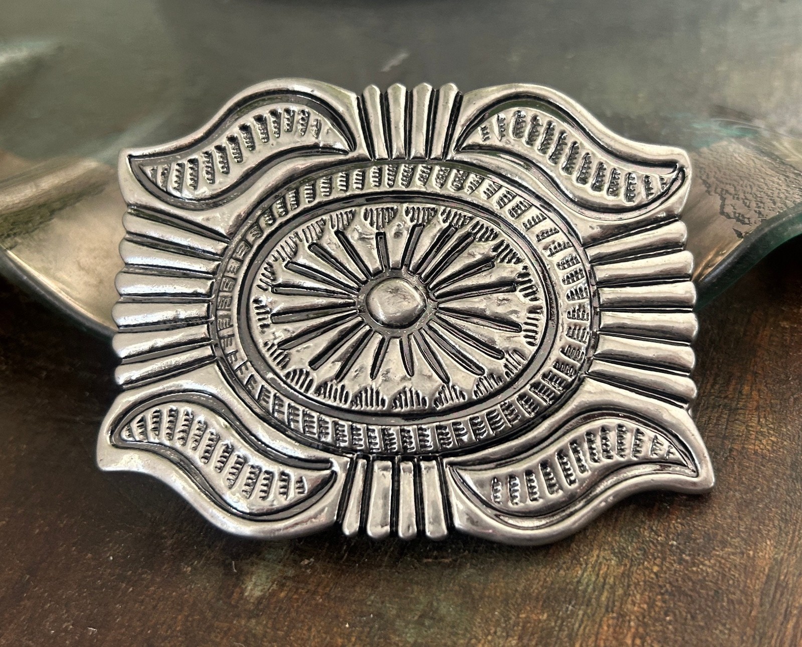 Western Silver Belt Buckle Concho Style Engraved Cowboy Rodeo Design