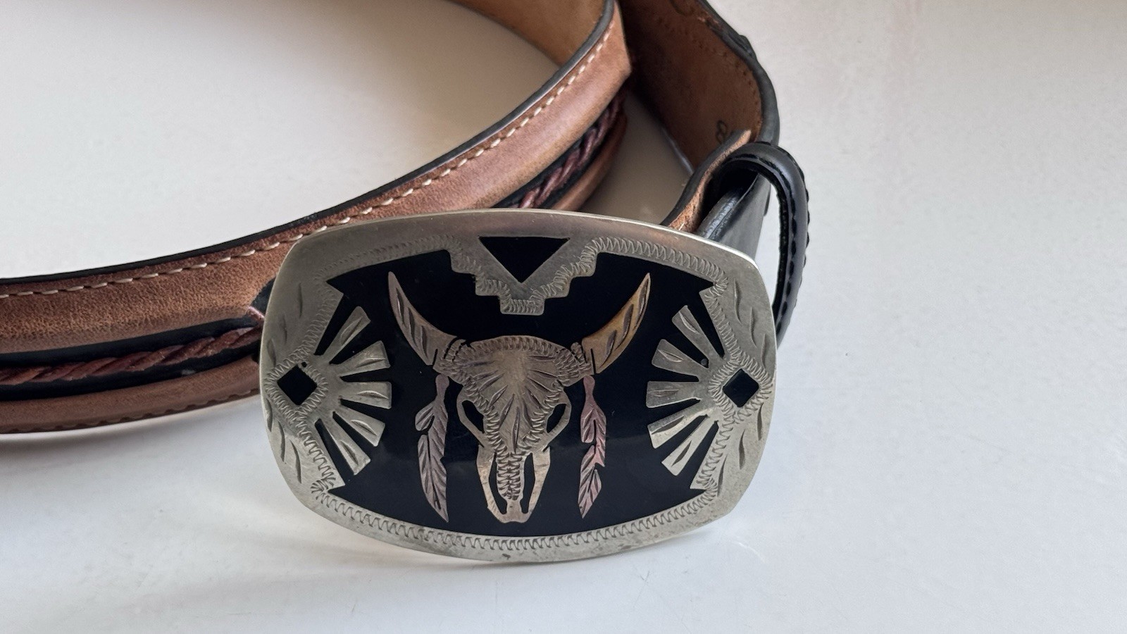 Southwestern Bull Buffalo Skull Cowboy Buckle Leather Justin Fenced Belt Sz 38