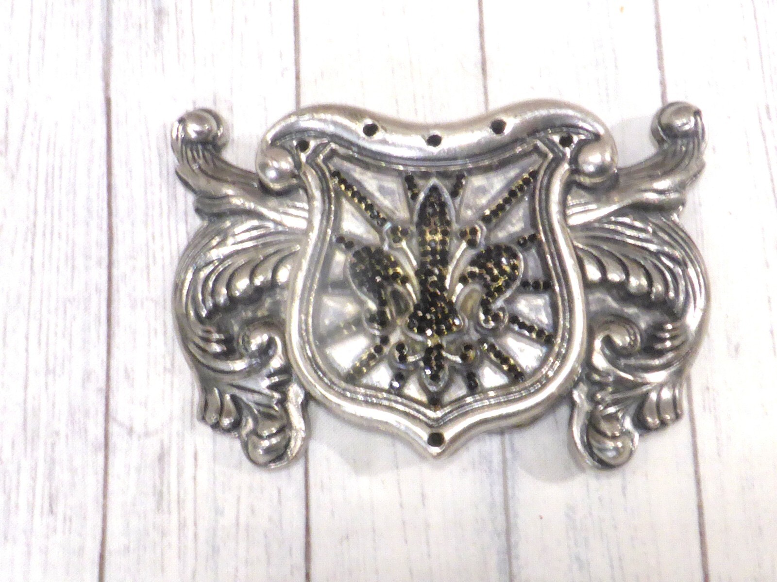 Silver Dagger Fleur De Lis Silvertone Belt Buckle with Black Crystals