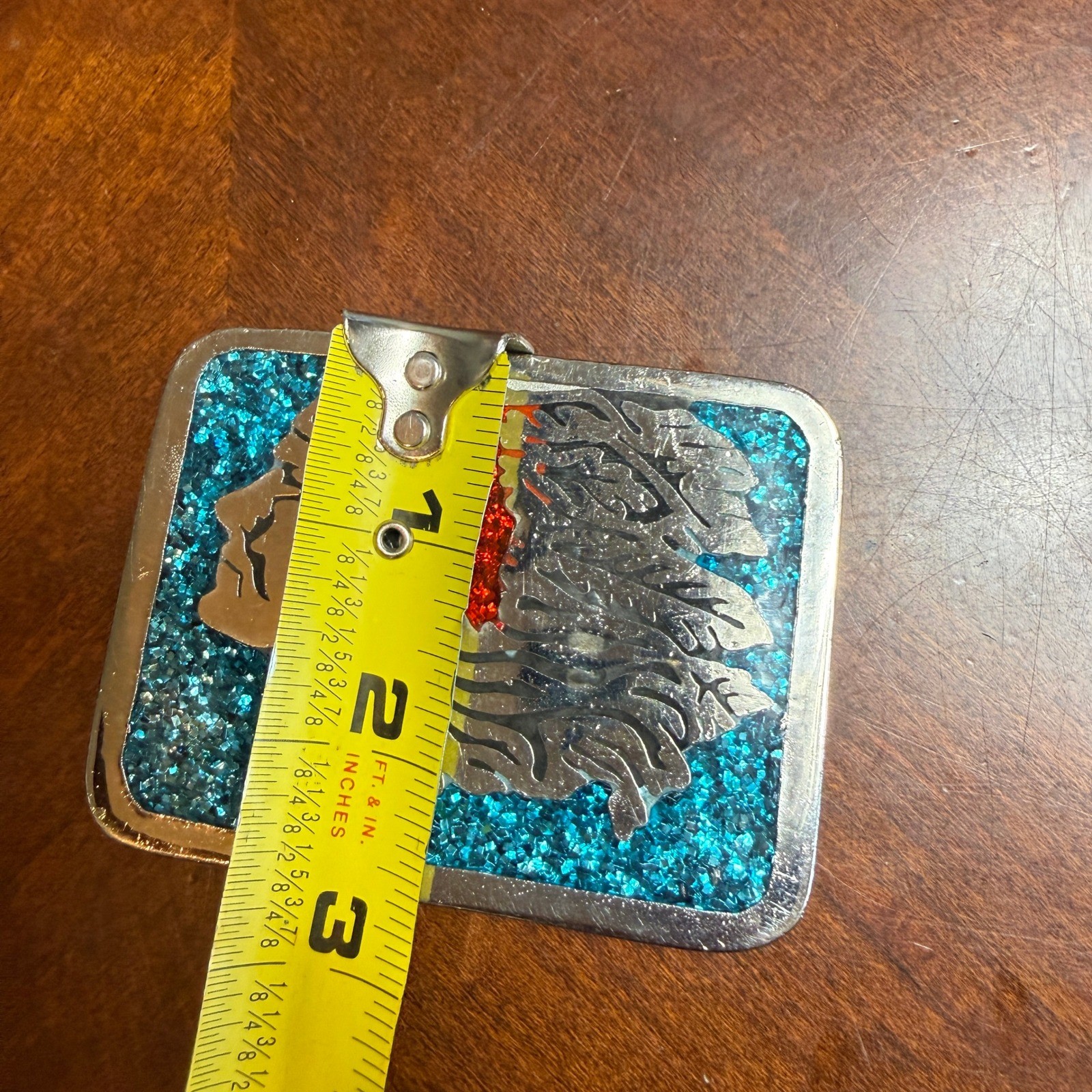 Vintage N.I. Native American Chief Belt Buckle Blue Crushed Glass Silver Tone
