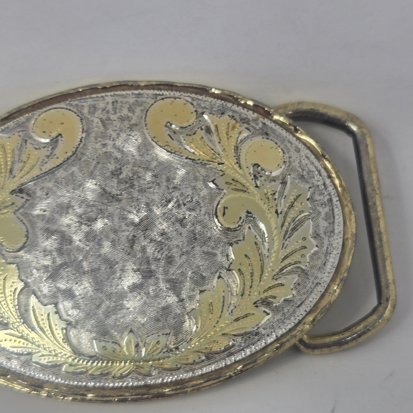 Vintage Western Belt Buckle Silver Gold Tone Floral Filigree Engraved Oval USA