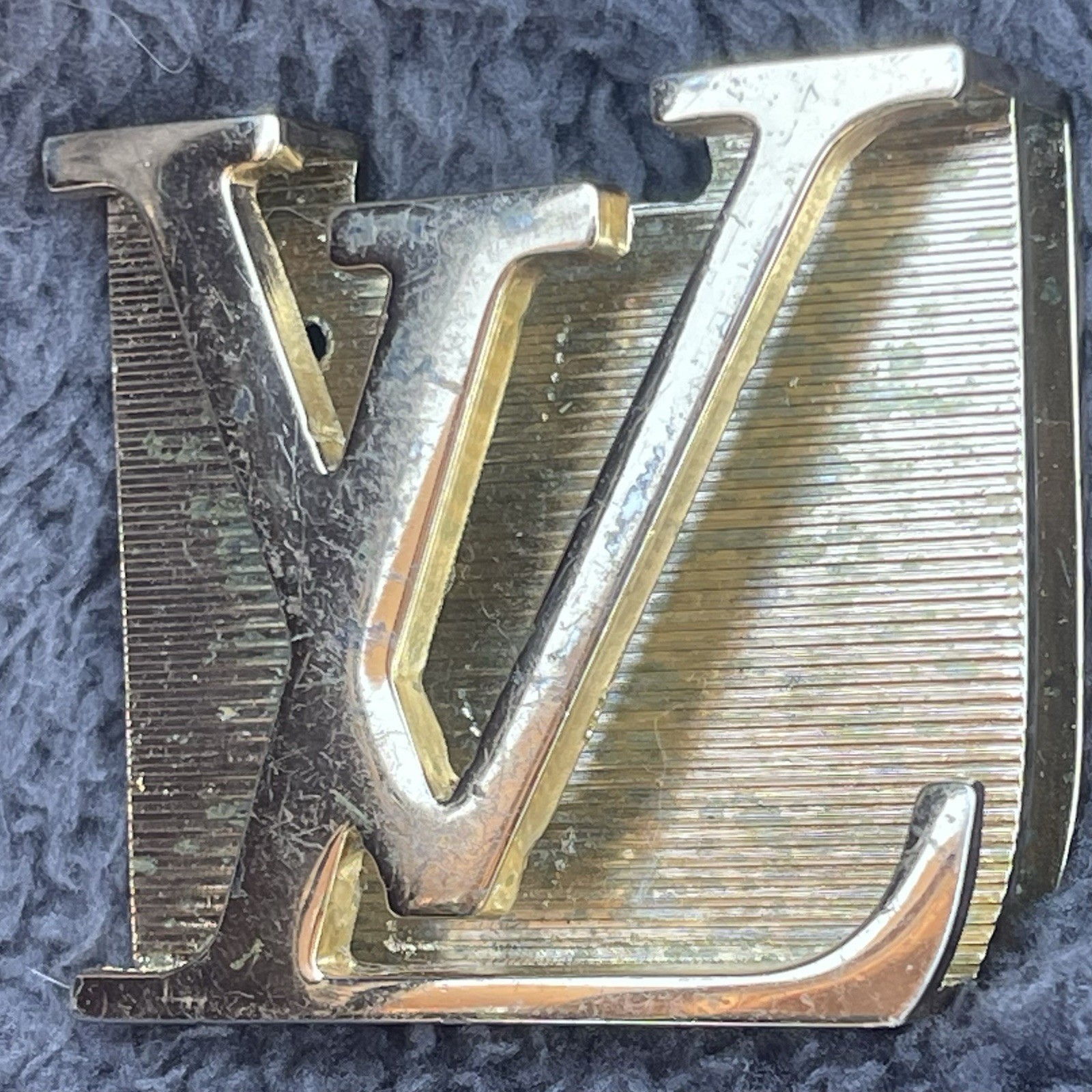 Vtg Louis Vuitton Gold Tone Belt Buckle Iconic LV Engraved Logo Y2K Distressed
