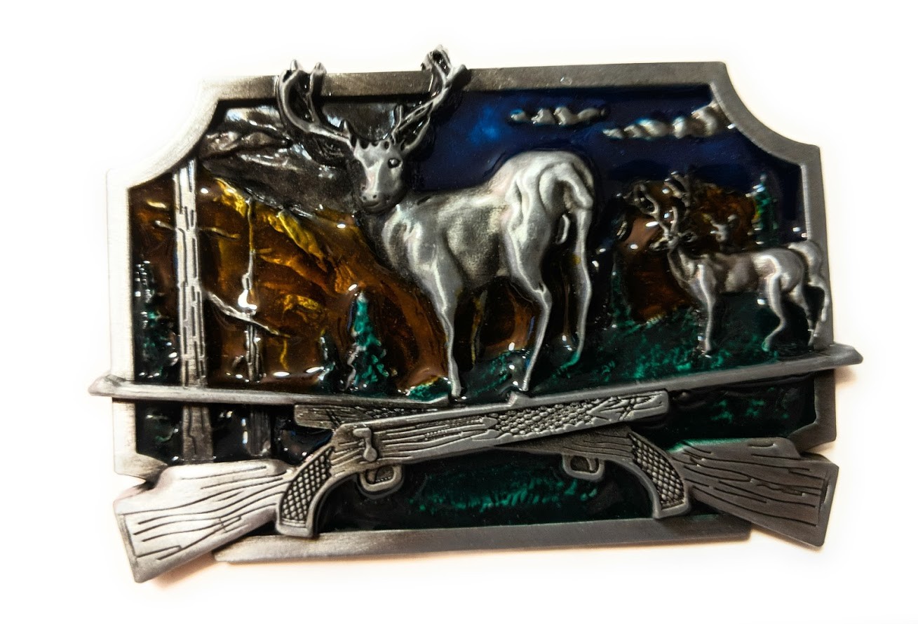 Deer Scenery rifles crossed Belt Buckle Antique silver BG Whitetail hunting USA