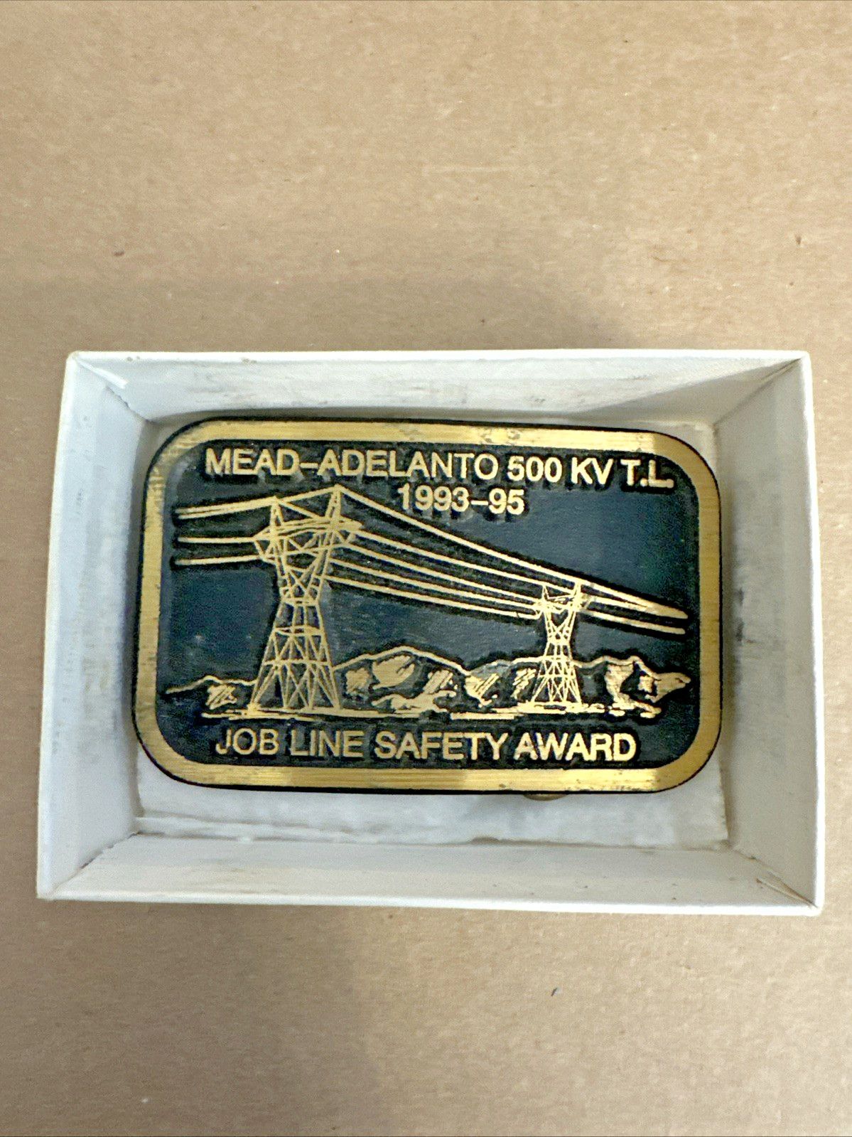 Vtg Solid Brass Belt Buckle Mead-Adelanto 500 KV T.L. Job Line Construction Dyna