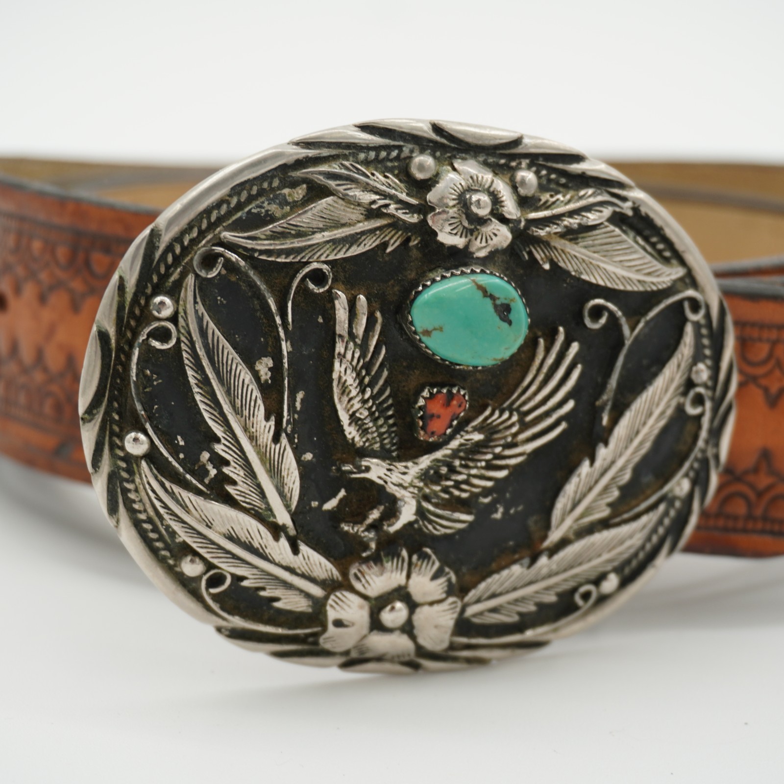 S.S.I Native American Eagle Floral Belt Buckle With Turquoise And Coral Stone