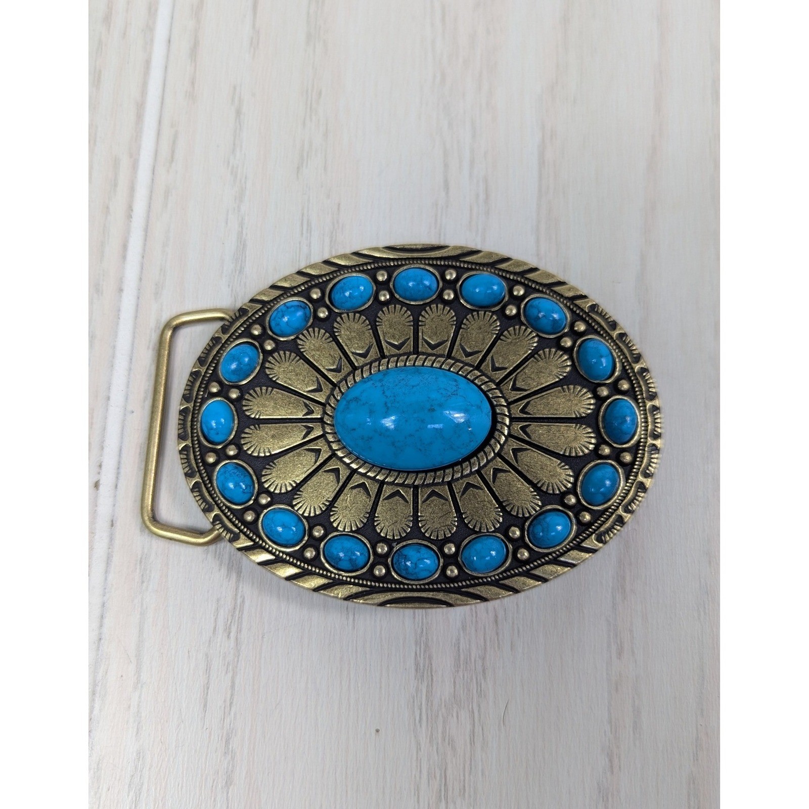 Belt Buckle Blue Faux Turquoise Western Oval Antiqued Gold Tone