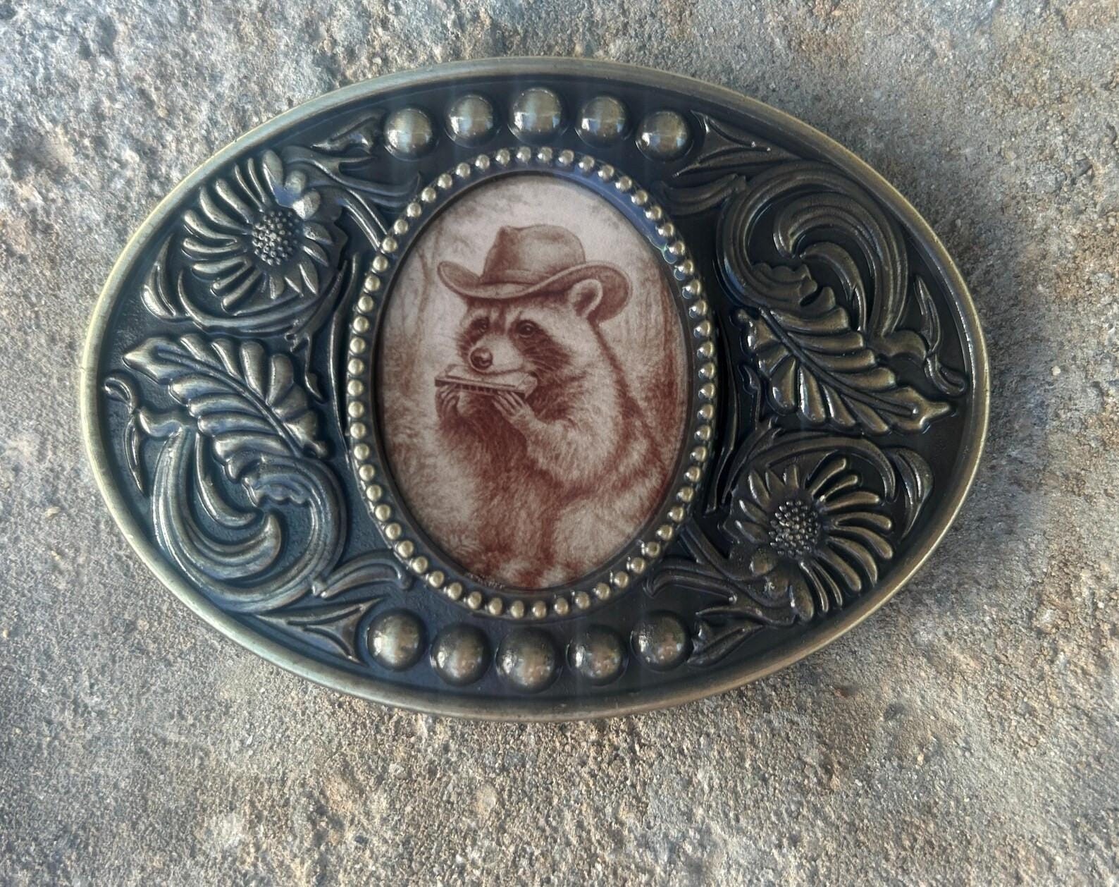 Raccoon Playing Harmonica Belt Buckle Antique Gold Fits 1.5 Inch Strap