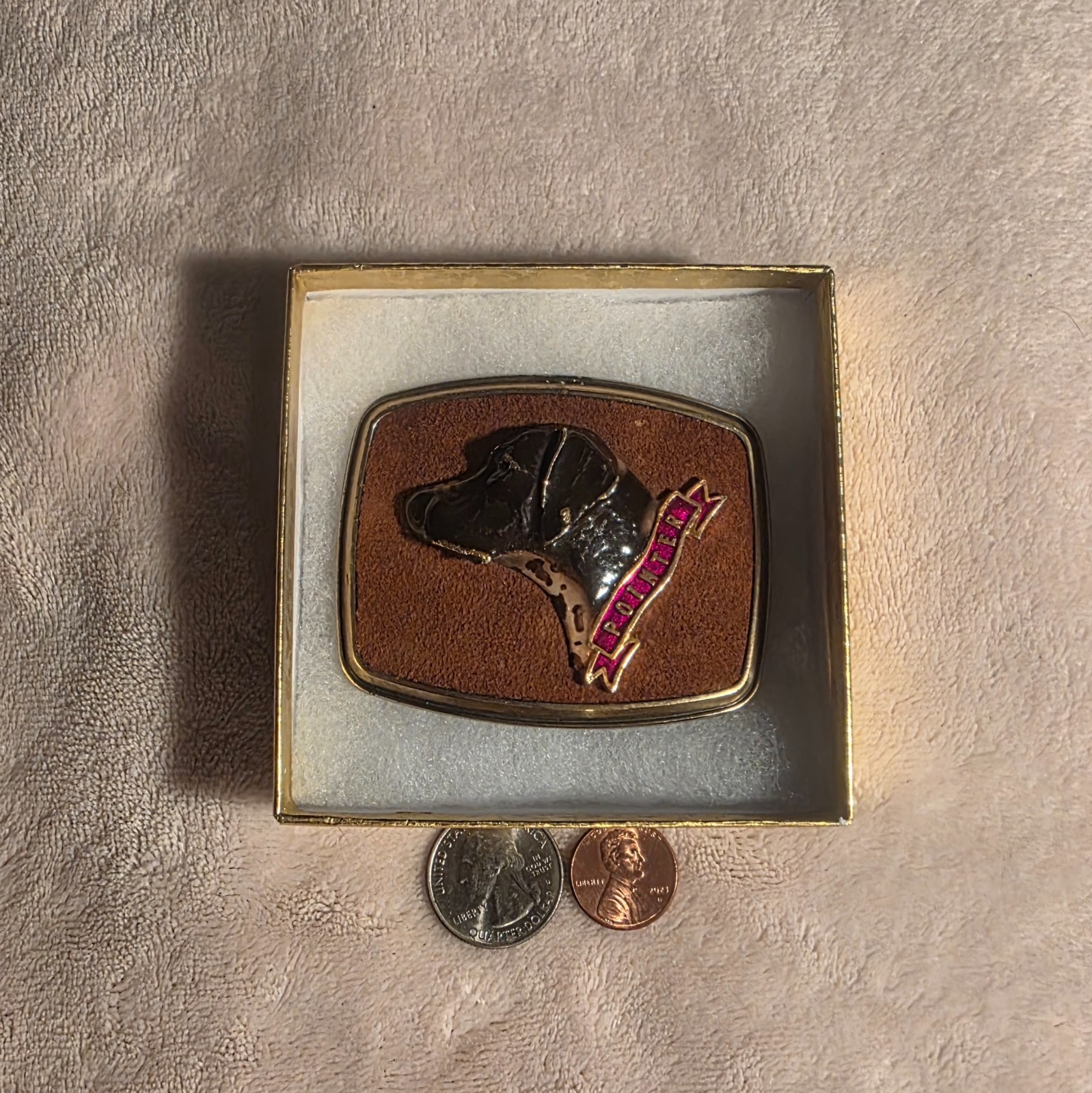 Vintage Metal Belt Buckle, Leather and Brass, Pointer Dog, Puppy, Canine, Nice