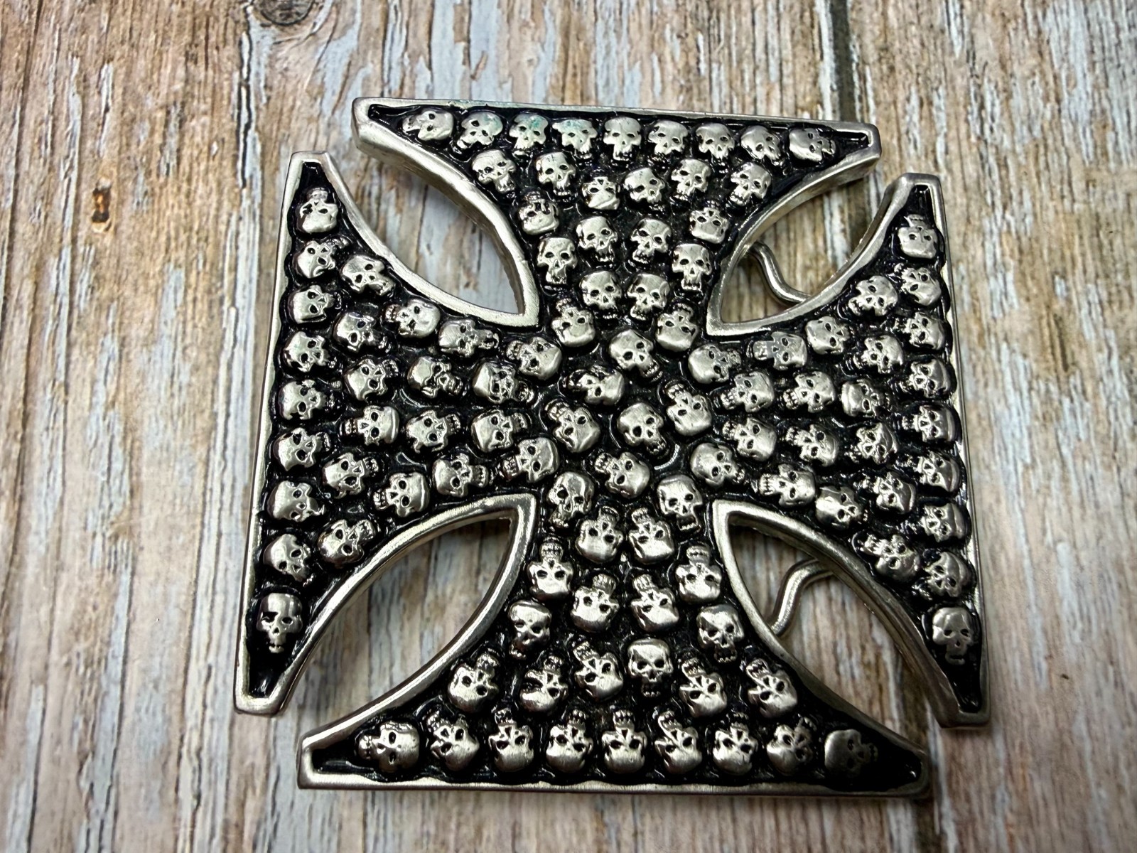 Celtic Iron Cross Shaped with Engraved Tiny Skulls Gothic Cutout Belt Buckle