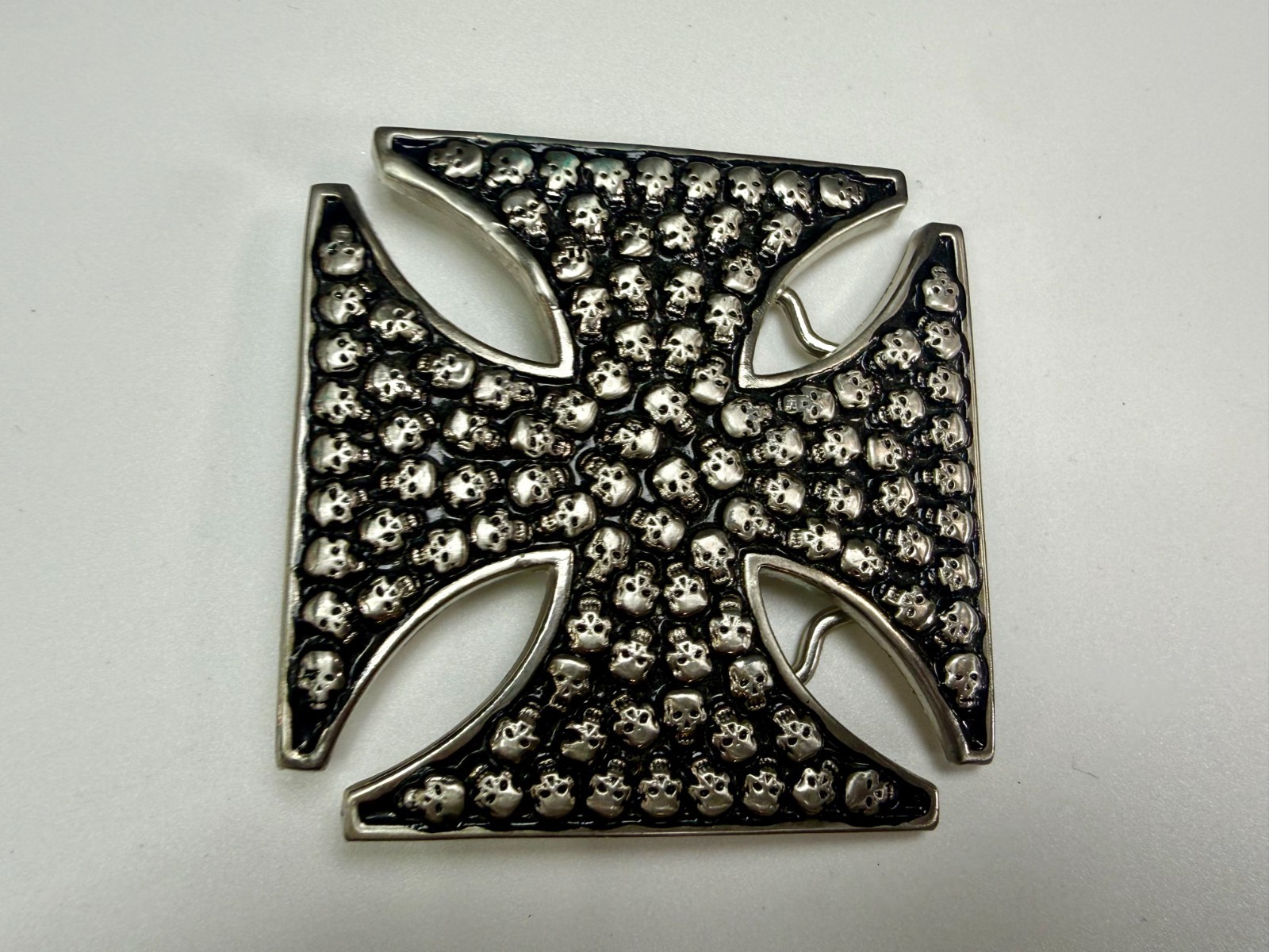 Celtic Iron Cross Shaped with Engraved Tiny Skulls Gothic Cutout Belt Buckle