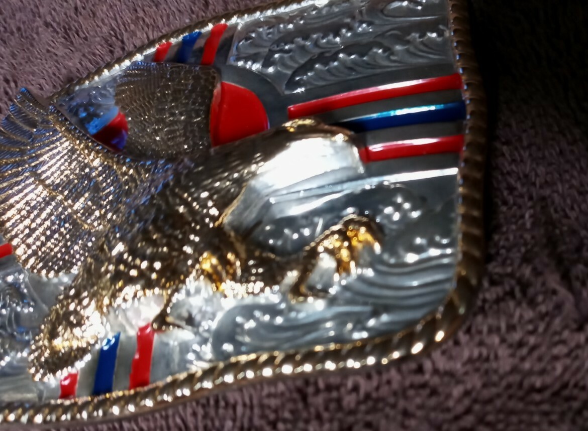 NWOT LG RED BLUE STRIPE GOLD EAGLE ROPE TRIM SILVER 3D BELT BUCKLE 1 1/2&Prime; $65