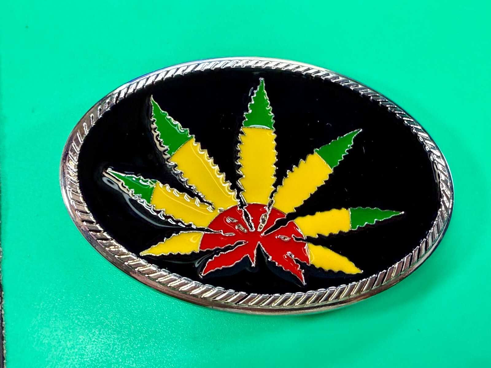 Marijuana Cannabis Pot Leaf Weed Enameled Rasta Colors New 4&Prime; Wide Belt Buckle