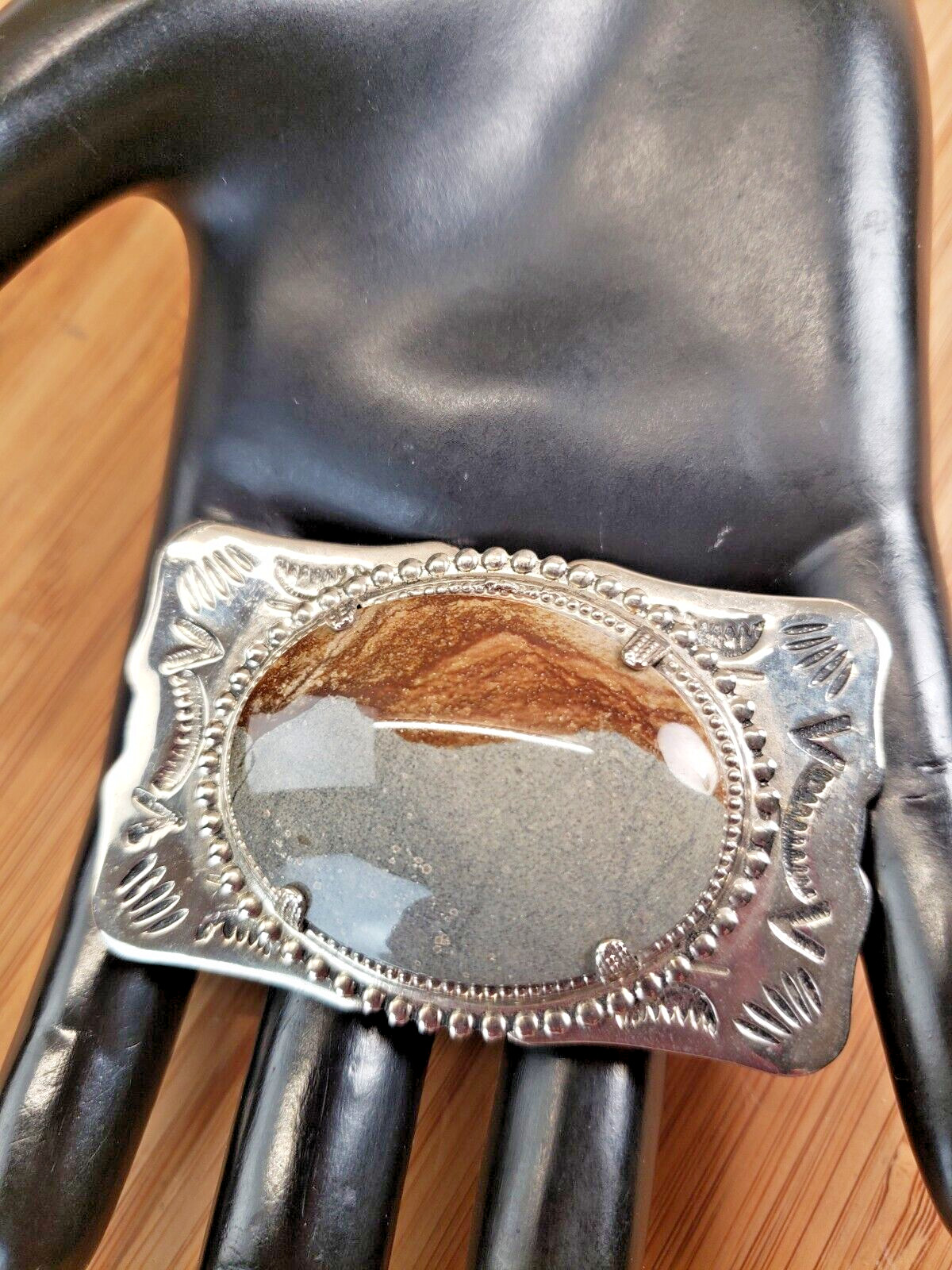 Southwestern Silver Tone Etched Picture Jasper Belt Buckle