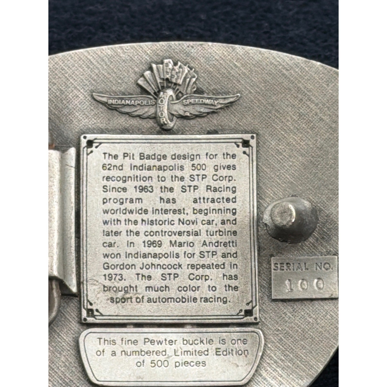 Vintage 1978 Indianapolis 500 STP Belt Buckle Pewter Limited Edition #100/500