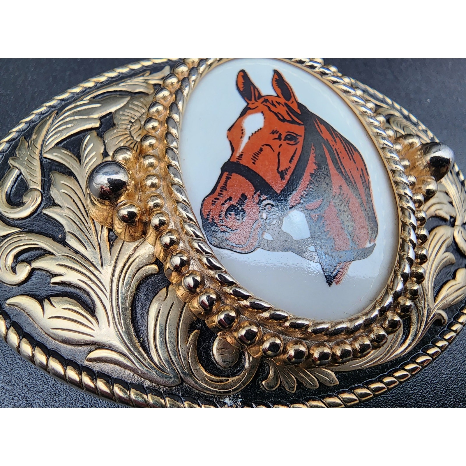 Vintage Brass Horse Head Belt Buckle with Porcelain Cameo 3.25&Prime; Western