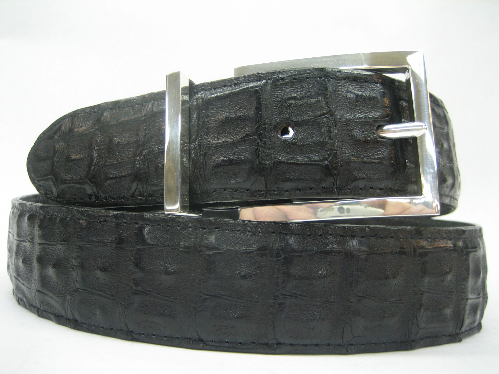 GENUINE HORNBACK CROCODILE BELT 1-3/8&Prime;, W/ 2 PC BUCKLE SET 925 SOLID SILVER USA.