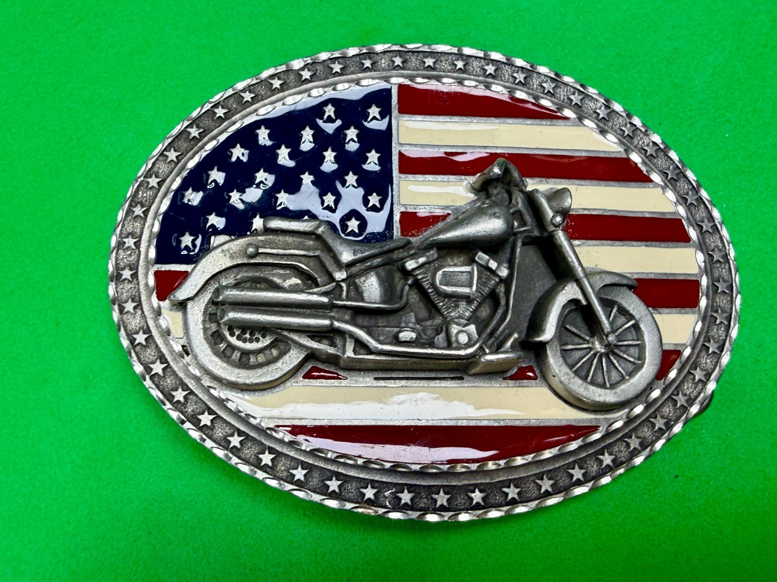 USA American Flag Motorcycle Star Border 2002 EJC Belt Buckle by Legend West