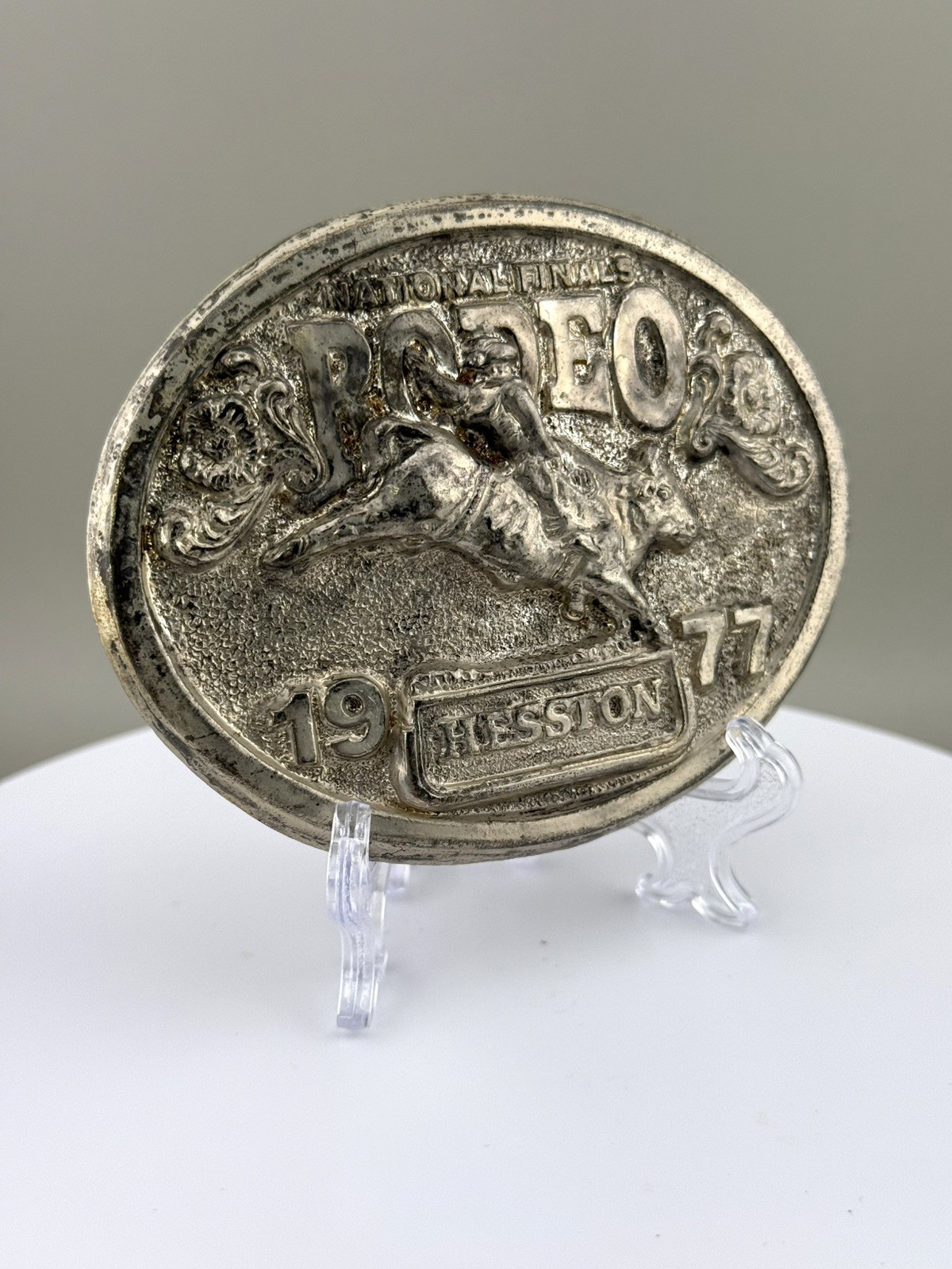 1977 Hesston Silver Award 655 NFR Rodeo Belt Buckle Bull Rider Cowboy