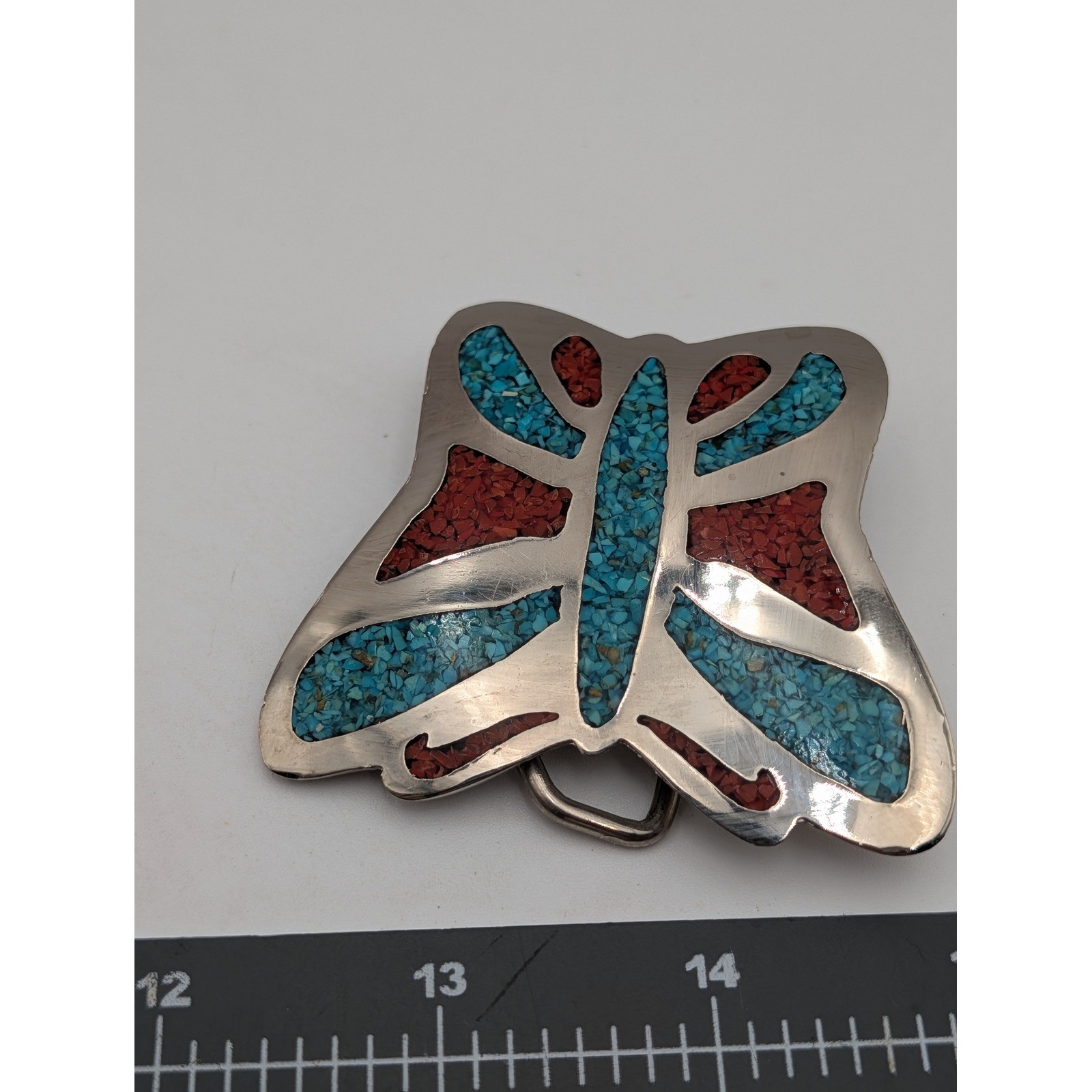 Unisex Belt Buckle OS Butterfly Turquoise Coral Chip Inlay