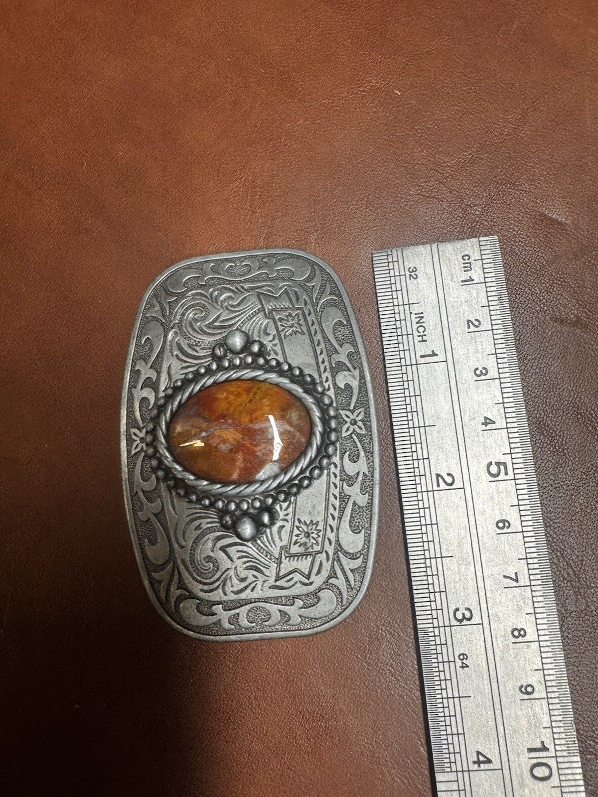 Boho Western Belt Buckle Jasper Stone Silver Tone Engraved Vintage- Rodeo