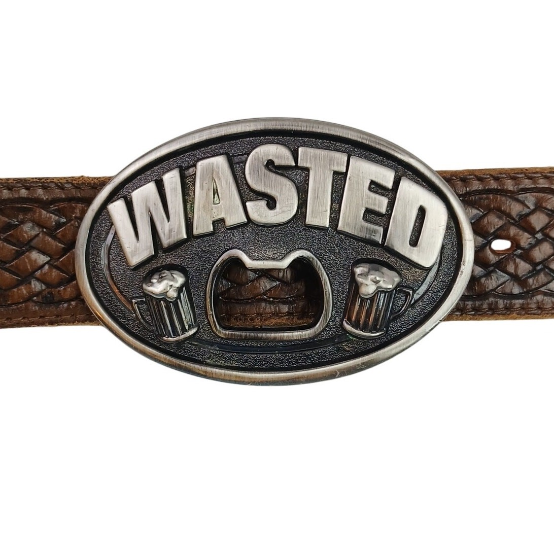 Kalan WASTED Silver Belt Buckle With Built In Bottle Opener Foaming Beer Mugs