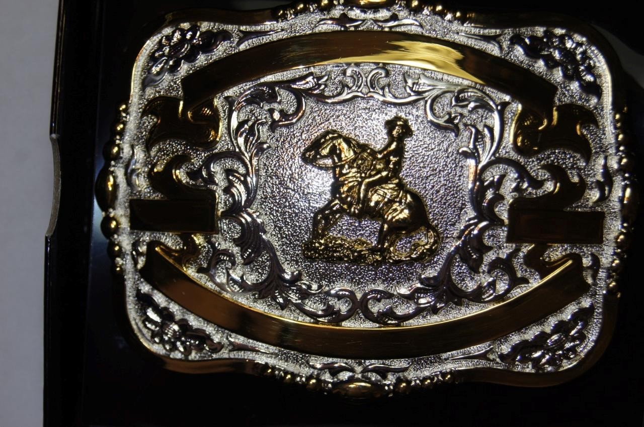 Lightning Ridge Western Belt Buckle Trophy Reining Horse 4 Ribbons 38426