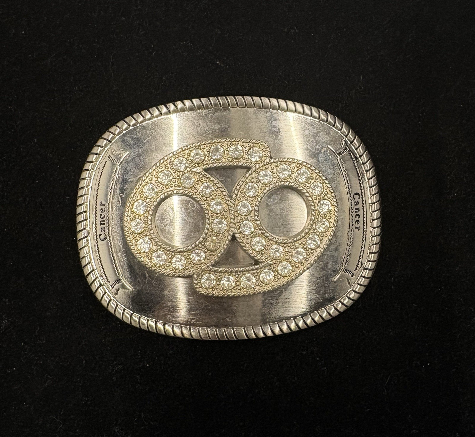 Vintage Cancer zodiac sign belt buckle silver plated oval design mirror finish