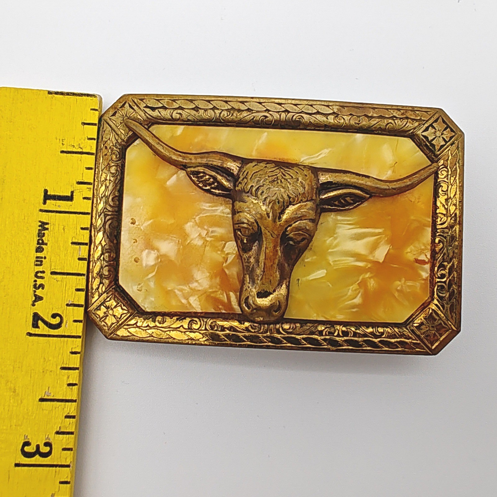 Vintage Western Longhorn Steer Belt Buckle Gold Tone Faux Marble Cowboy Rodeo