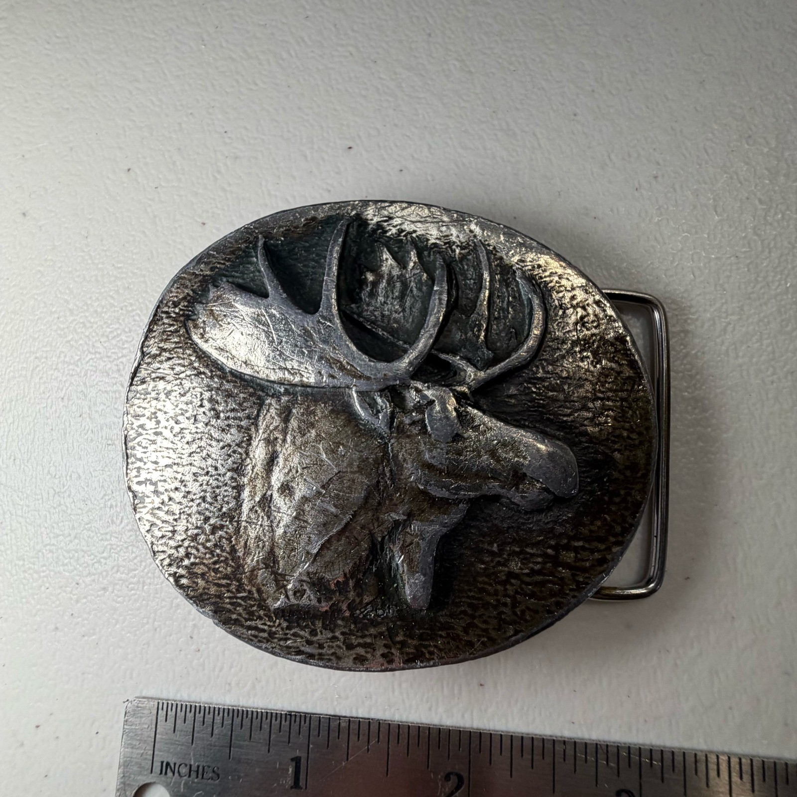 Vintage Moose Belt Buckle Silver Tone Metal Oval Wildlife Hunting Cabin Decor