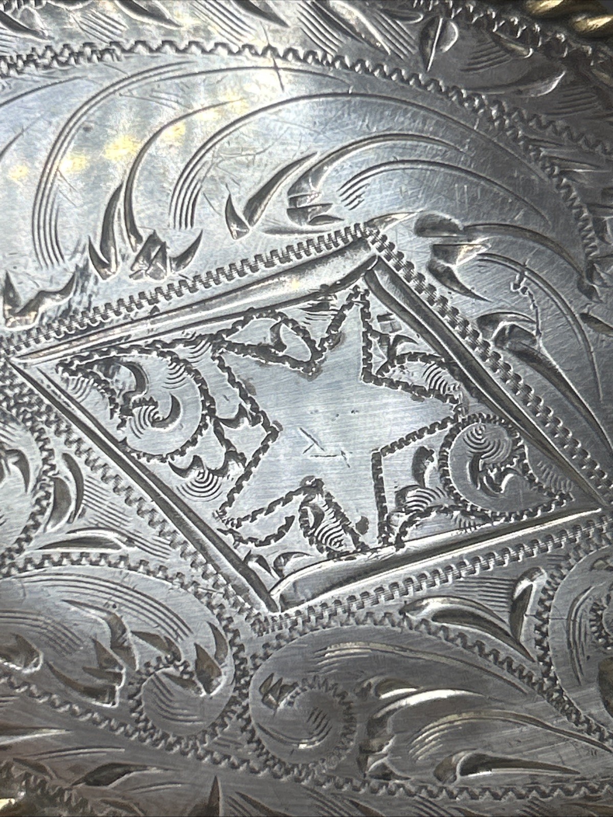 57. Vintage 925 Hand Engraved STAR Swirl Brass Rope Framed Oval Buckle 50.4g