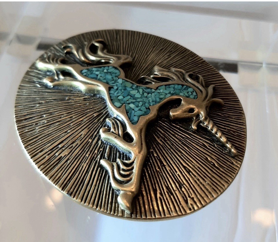 VINTAGE- BRASS ?TURQUOISE INLAY UNICORN BELT BUCKLE/RARE HALLMARK/GUCCi?/UNISEX