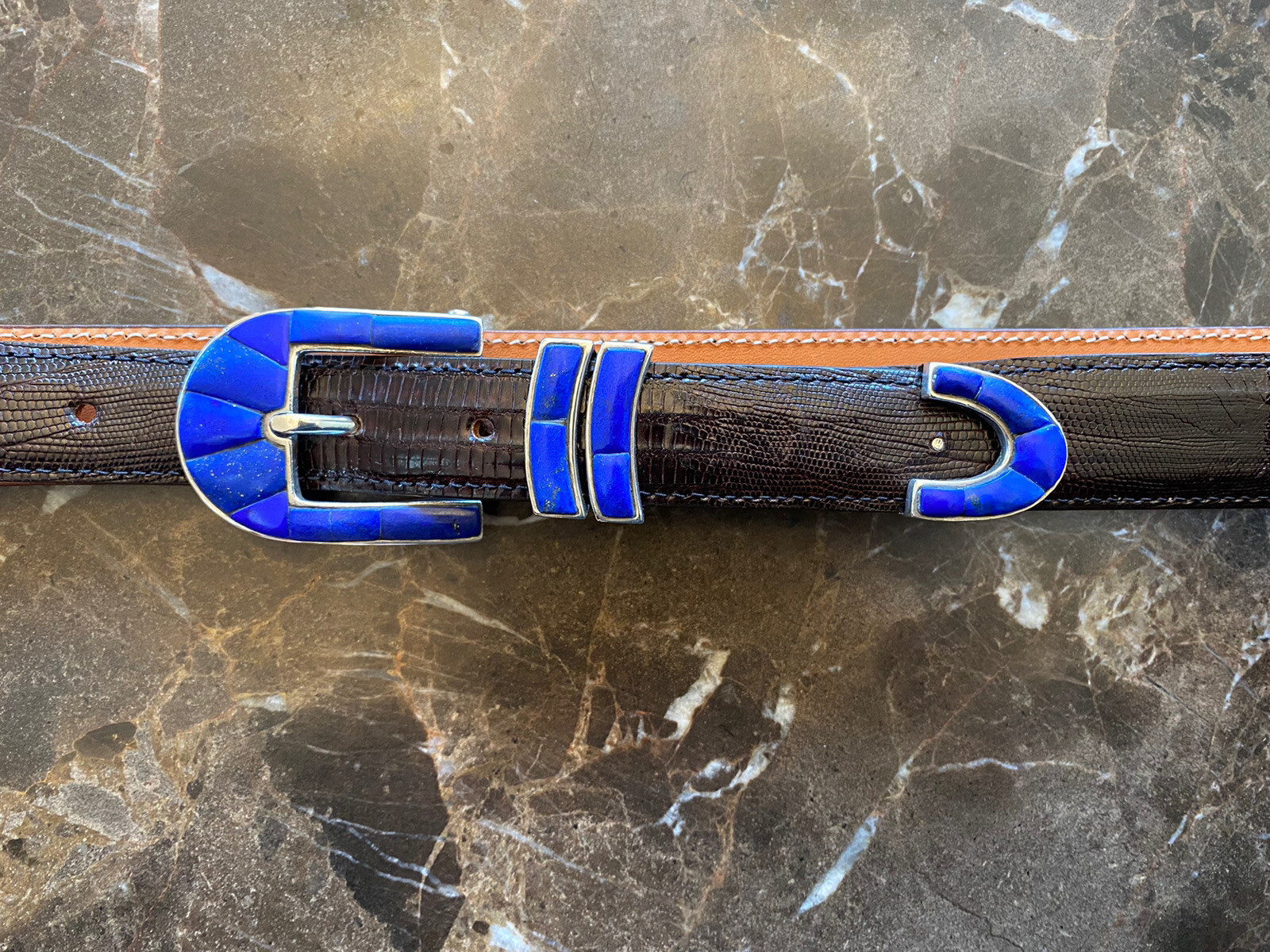 James Reid Sterling Silver Lapis Lazuli Stone Row belt buckle set ✅