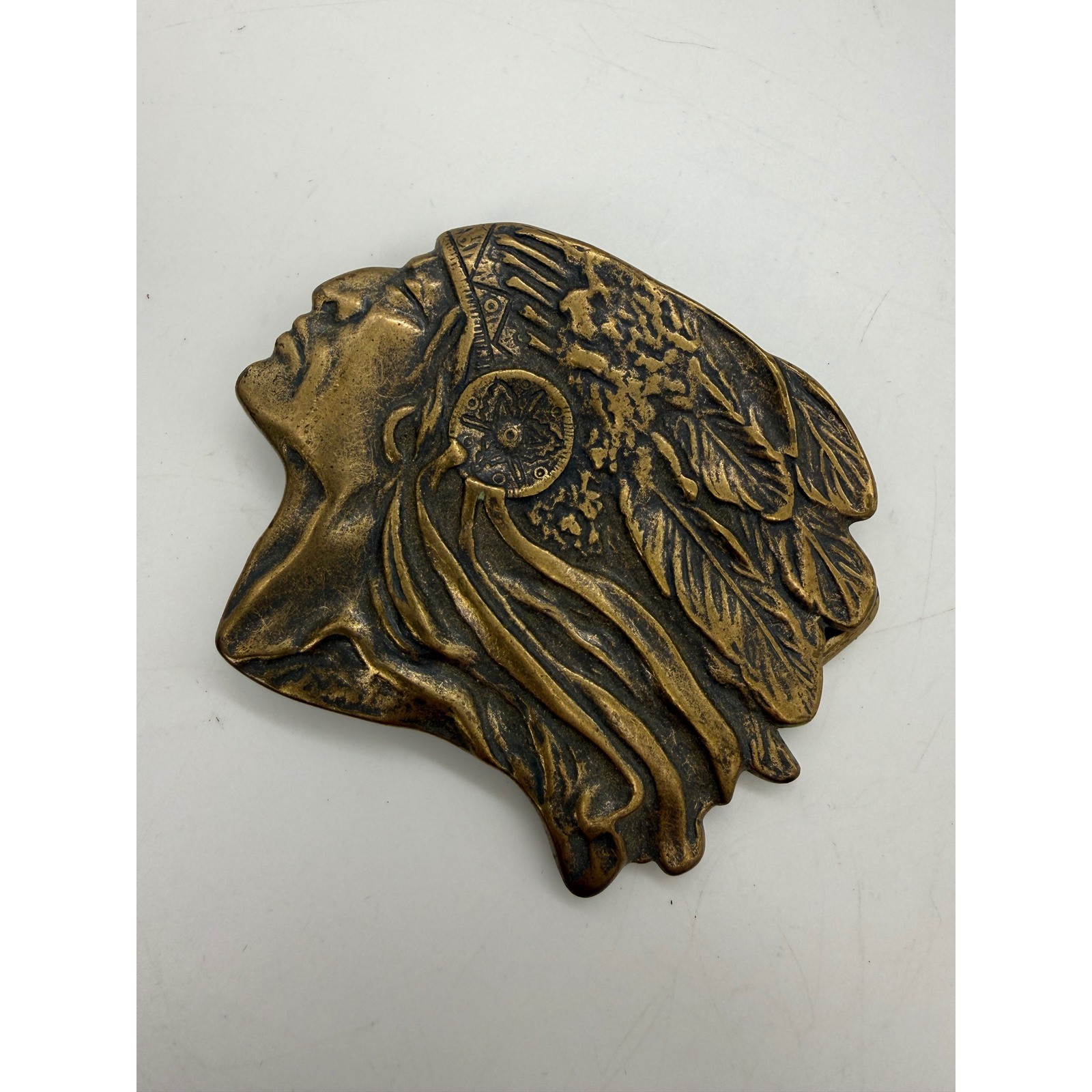 Vintage Native American Chief Heavy Belt Buckle Solid Brass Western Headdress