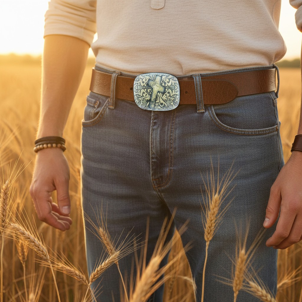 Men Women Belt Buckle Black Faux Leather Religious Cross Western Weekend Style