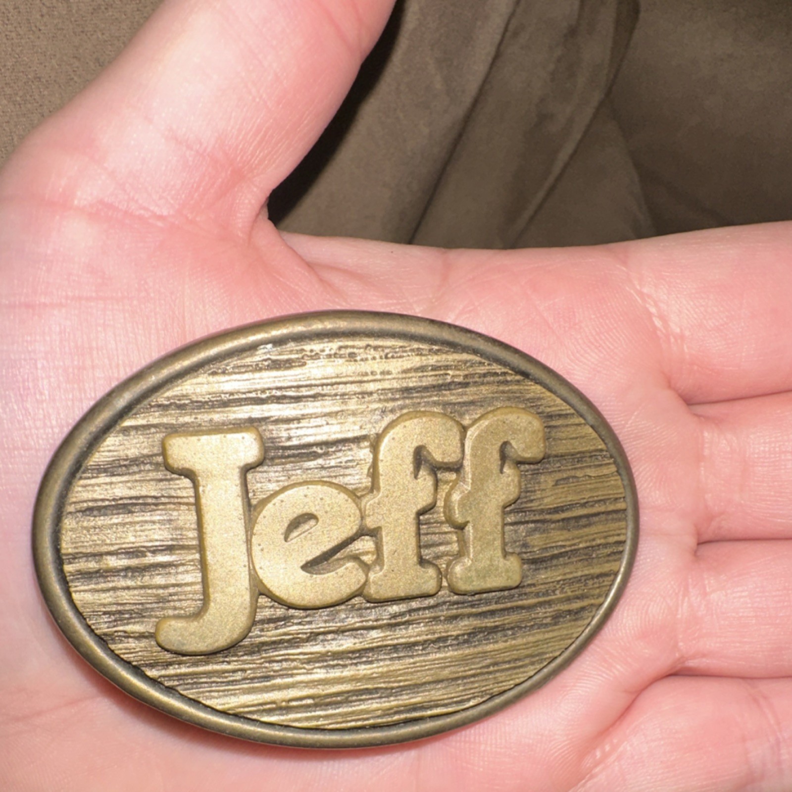 Oden Gold Bronze Metal Oval Textured Frame Belt Buckle for Men Jeff Name