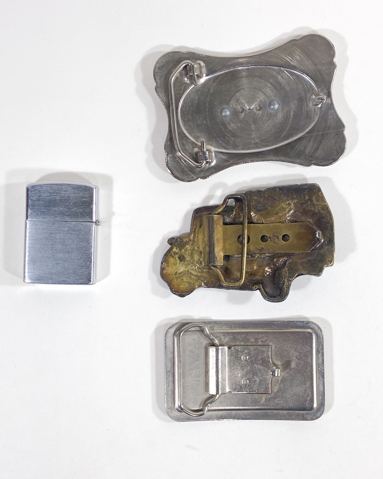 Set Of 3 Semi Truck Buckles Metal 3.5”-4”, w/ J&J Truck Stop Lighter