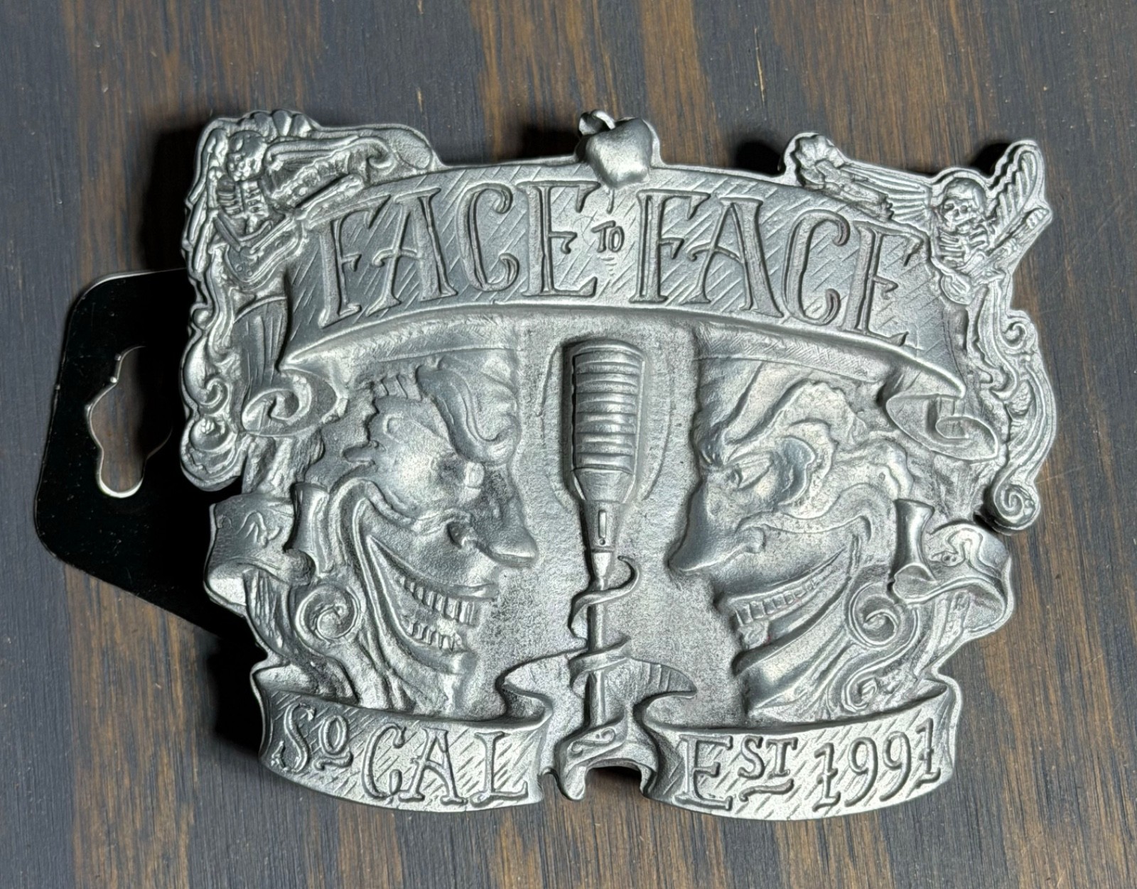 NOS Y2K Lucky 13 Apparel Metal Belt Buckle Face To Face Tattoo Bottle Opener
