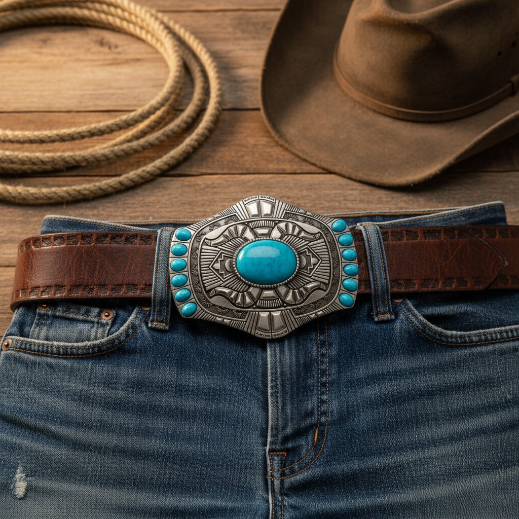 Men Women Silver Metal Big Belt Buckle Southwestern Ethnic Turquoise Blue Beads